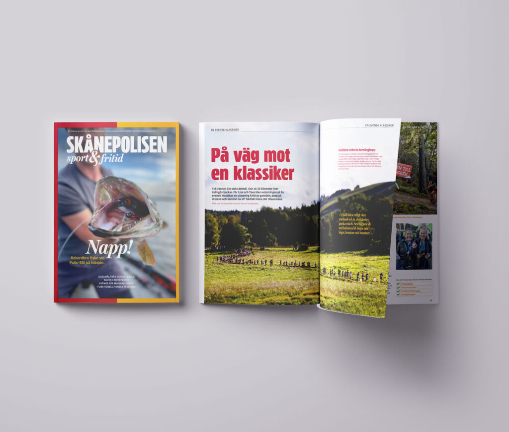 Omslag och uppslag ur tidningen Skånepolisen Sport & Fritid